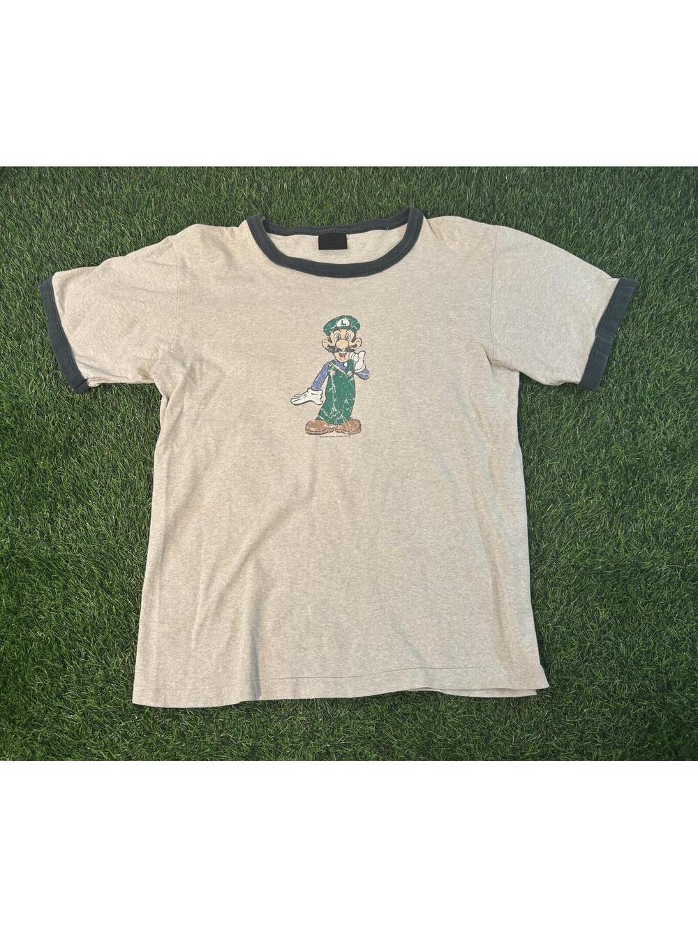 Nintendo Luigi Ringer Graphic T-Shirt Beige Green Vintage 2003 Mens Medium